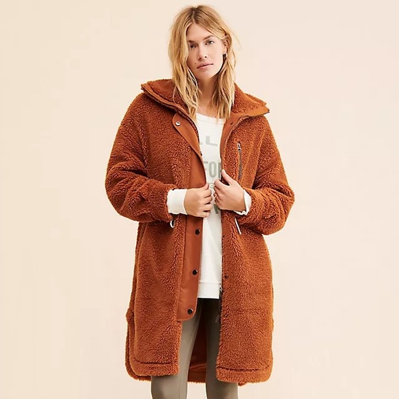 Varley Jones Sherpa Coat Medium Caramel Cafe New Long Teddy Jacket Rust - Picture 3 of 13